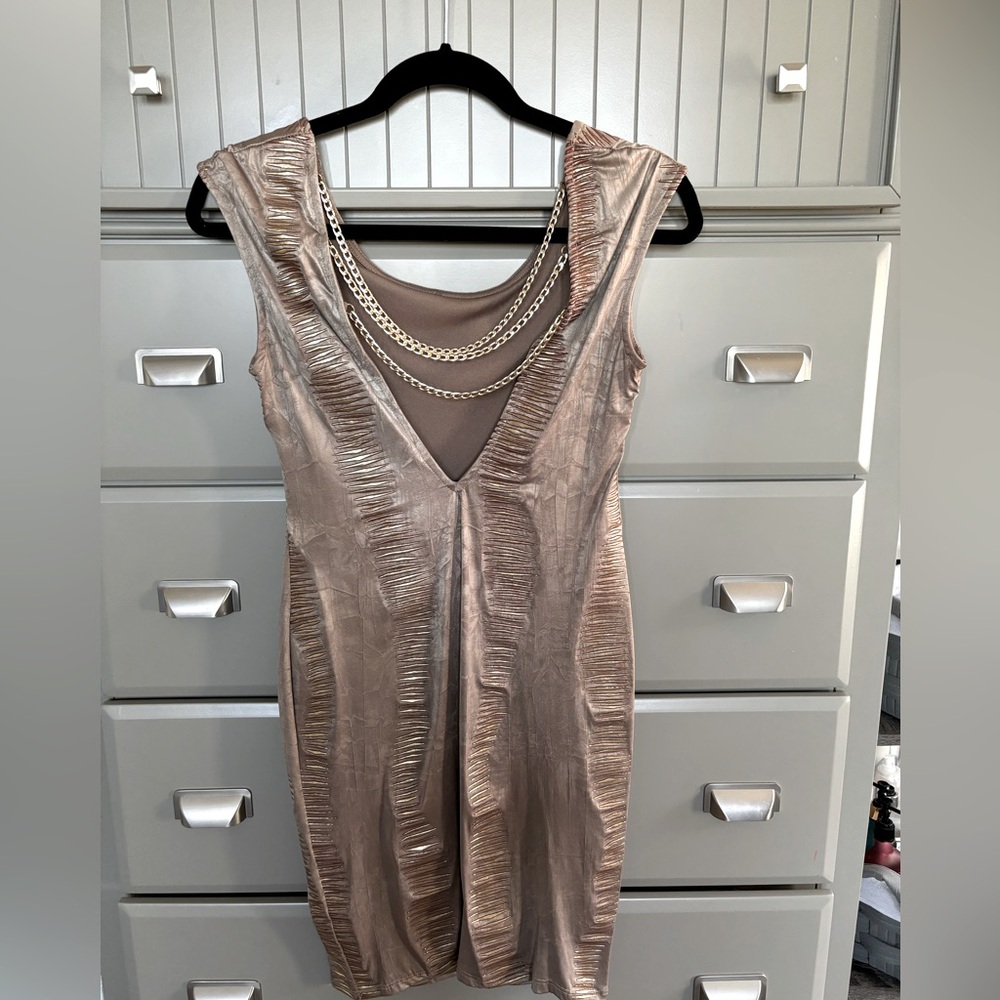 2B midi tan with gold pattern party dress